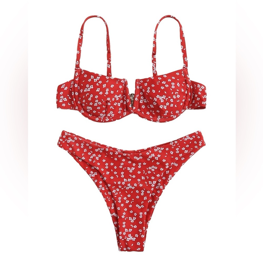 Red Floral Underwire Bikini Set with Adjustable Straps